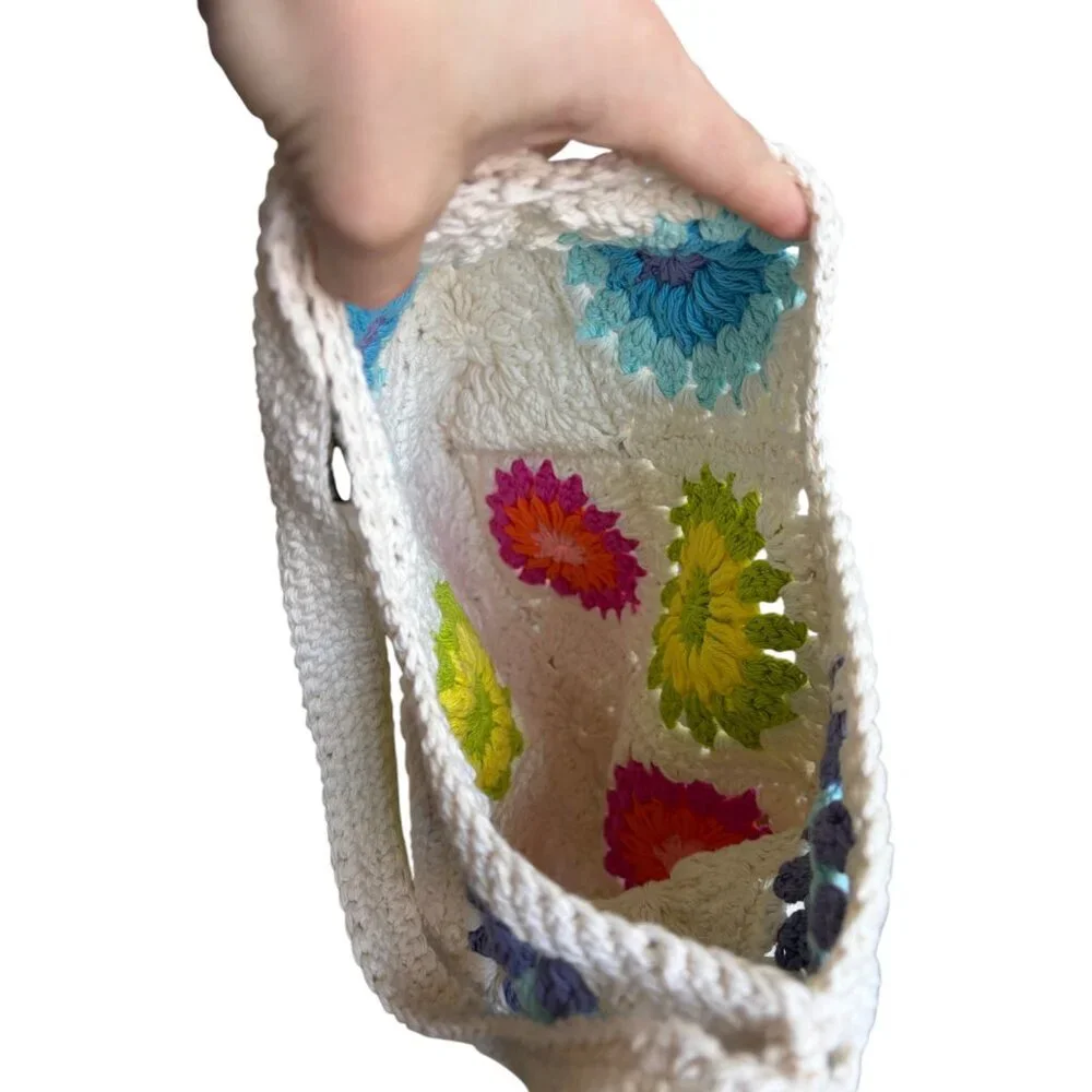 Handmade Granny Square Hobo Shoulder Tote Bag White with Colorful Floral Patten